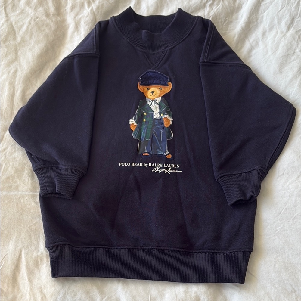 Ralph Lauren Toddler Girl Size 2 Navy Blue Sweater Dress with Polo Bear Graphic